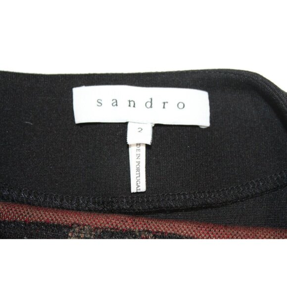 Sandro Short Sleeve Zipper Leather Trim Mini Dress Black w/ Aztec Print Size 2 - Picture 4 of 8